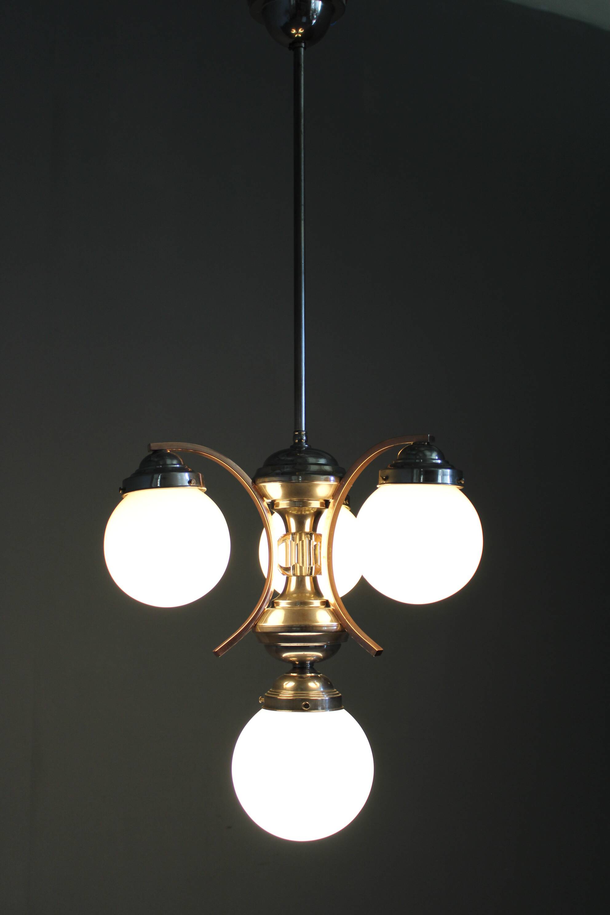 1930s Czechoslovak Art Deco nickel chandelier with rose opaline glass globes