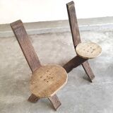 Set of 3 chairs brutalist tripod solid wood