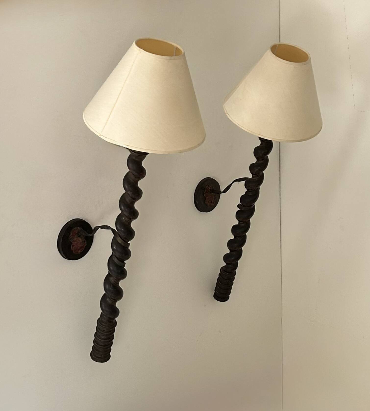 Pair of XL wall sconces in turned wood, France 1950