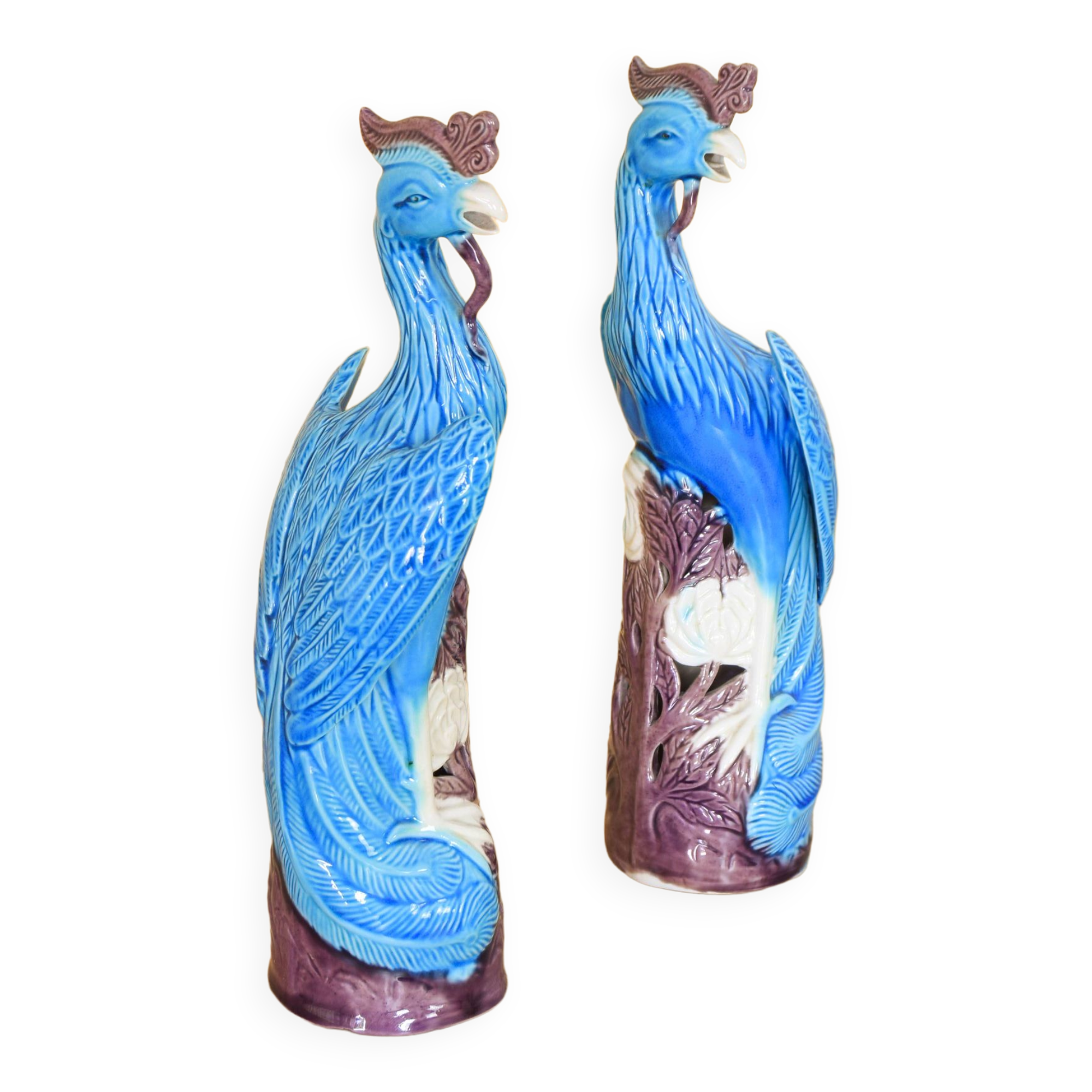 Mid Century Chinise Pair of Turquoise Porcelain Peacocks 50s