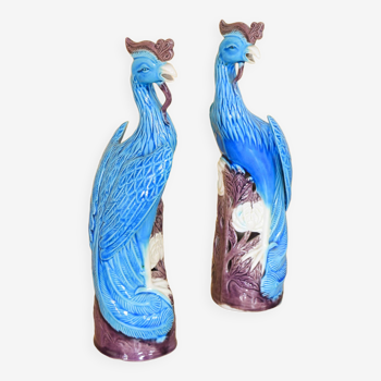 Mid Century Chinise Pair of Turquoise Porcelain Peacocks 50s