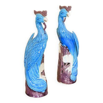 Mid Century Chinise Pair of Turquoise Porcelain Peacocks 50s