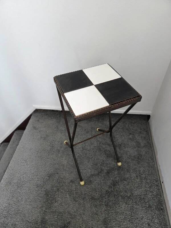 Vintage art deco table in wrought iron and black and white ceramic