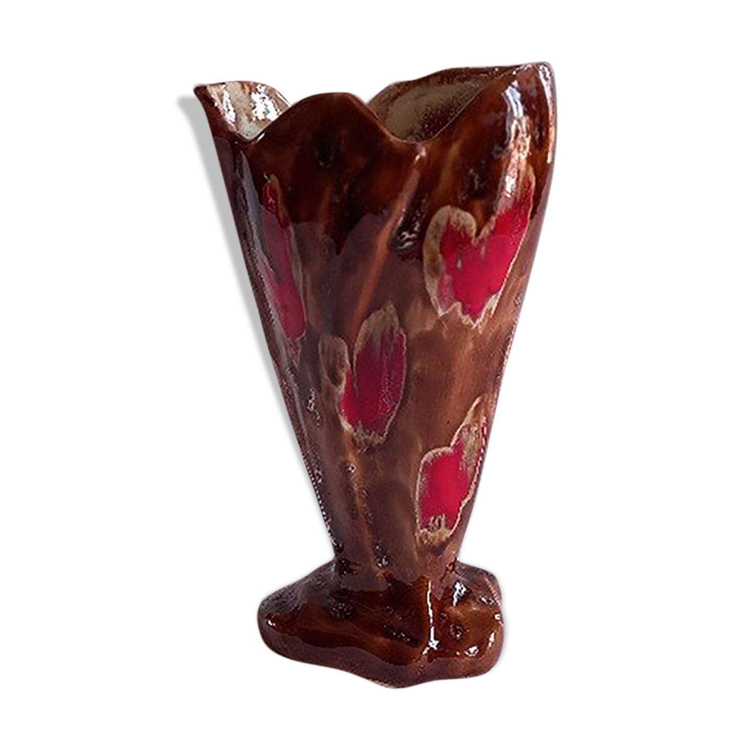 Ceramic vase, brown background, decorated with stylized tulips