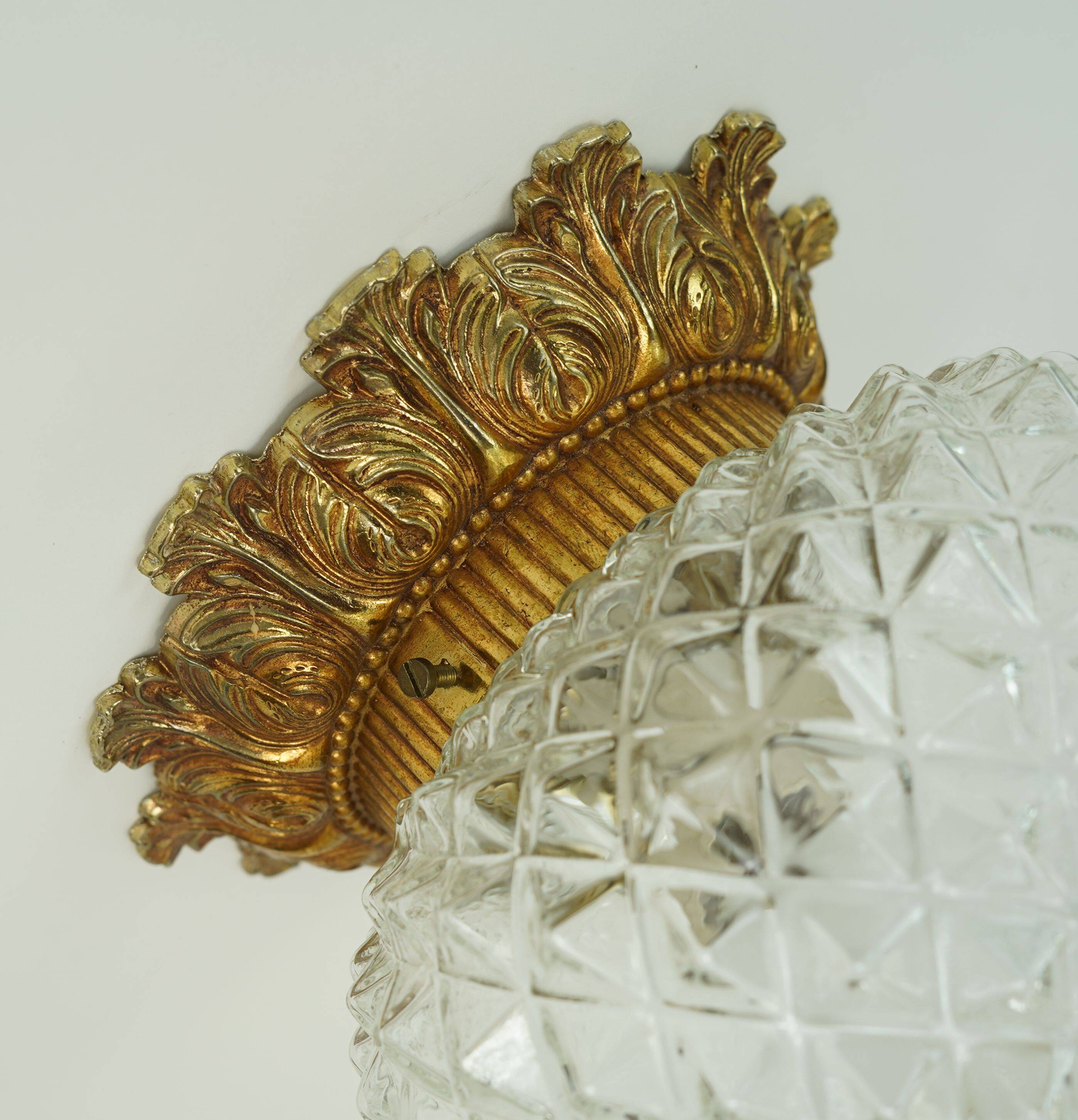 Midcentury ceiling light massive belgium textured glass gold-plated alu 70s