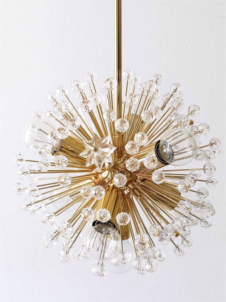 Two golden Sputnik ball chandeliers by Emil Stejnar, Austria, 1970s.