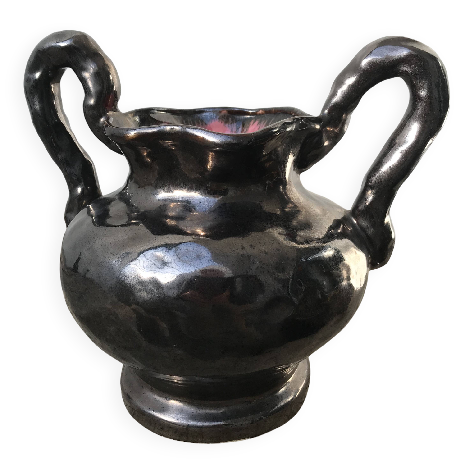 Black Ceramic Vase, pink inside color, signed