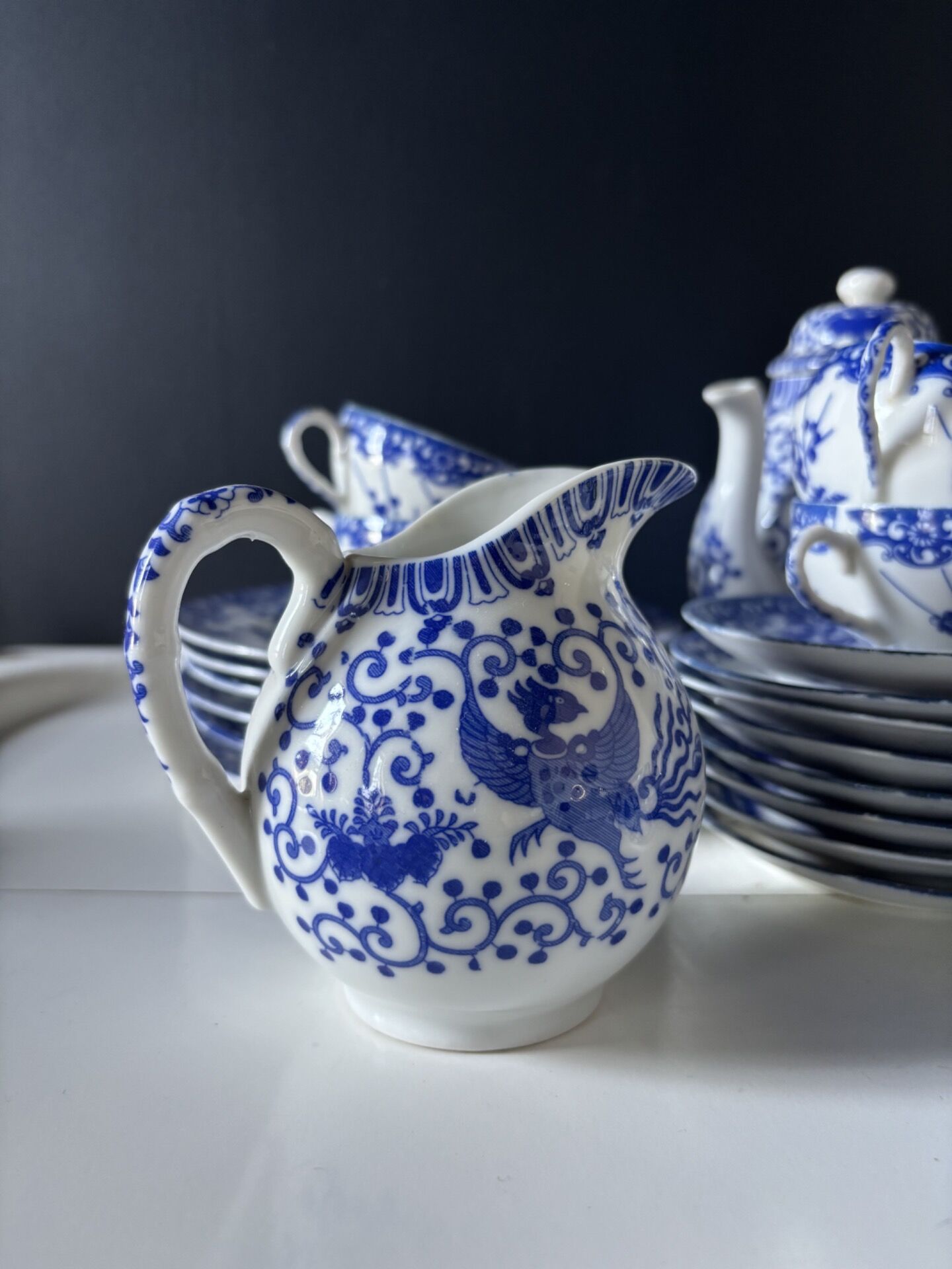 Service à thé japonais vintage porcelaine bleu & blanc 28 pièces — Nihon