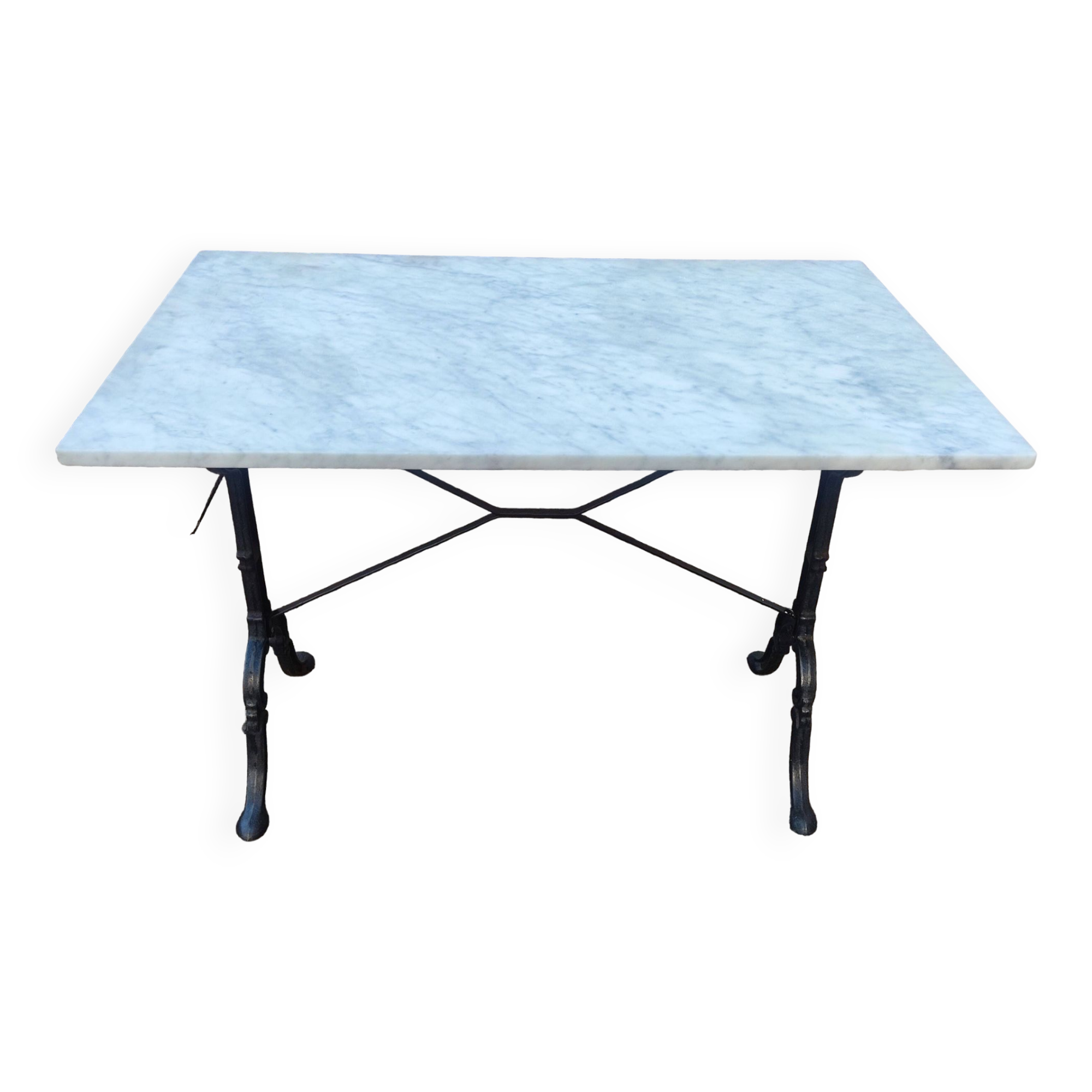 White marble table, cast iron base signed SNES, made in France