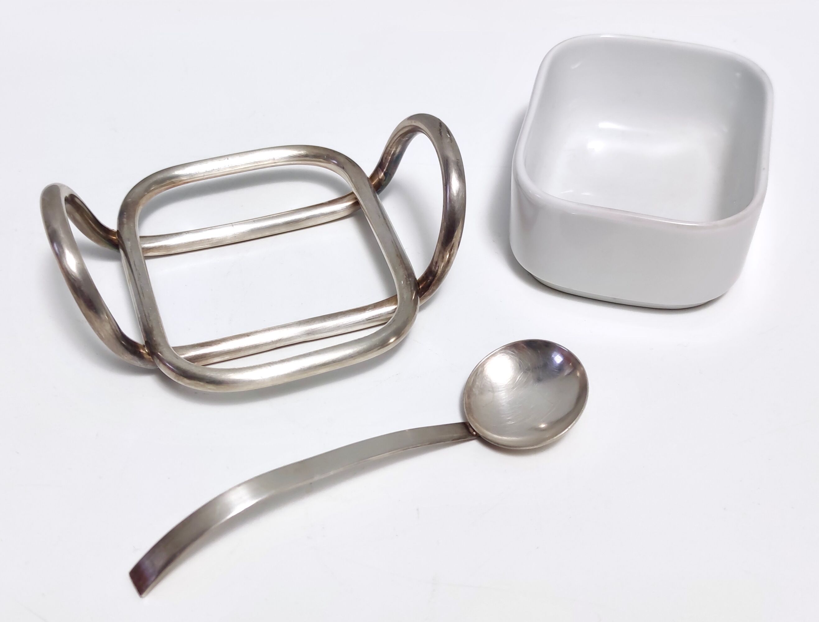 Postmodern Lino Sabattini Silver-Plated and Ceramic Cheese Bowl with Spoon