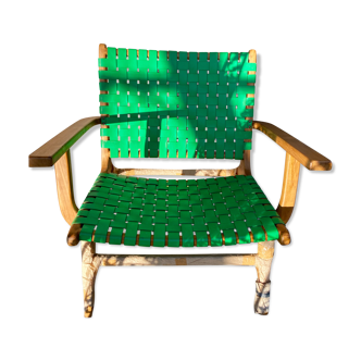 Fauteuil vert en cuir & teck