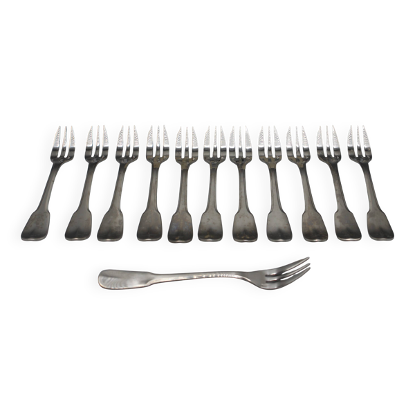 12 fourchettes a gateau dessert boite christofle modele bearn acier - tbe