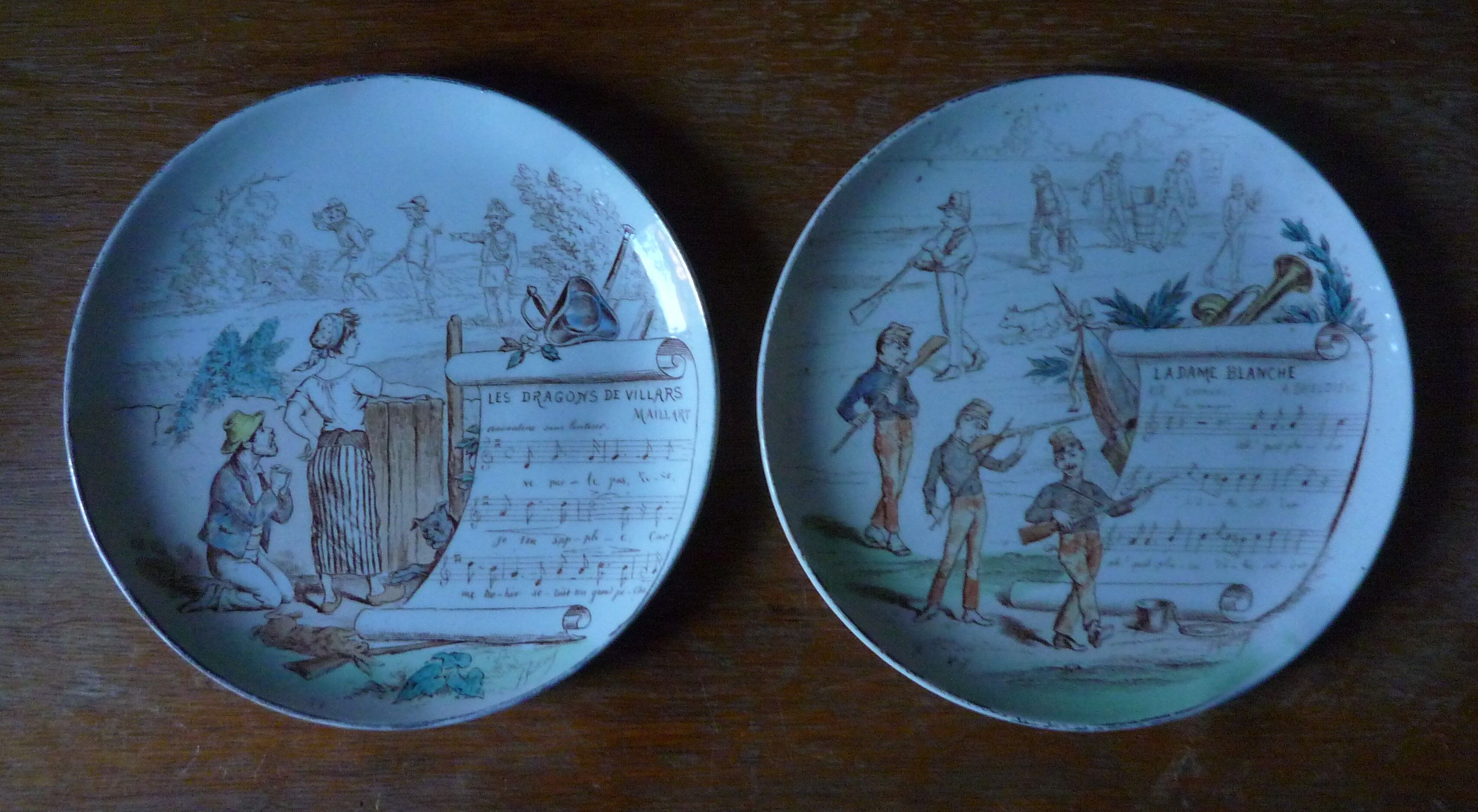 Pair of old plates Terre de Fer / Creil and Montereau, musical subjects