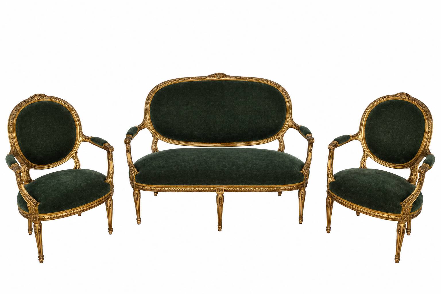 Antique Louis XVI style salon in gilded wood, with medallion backs.