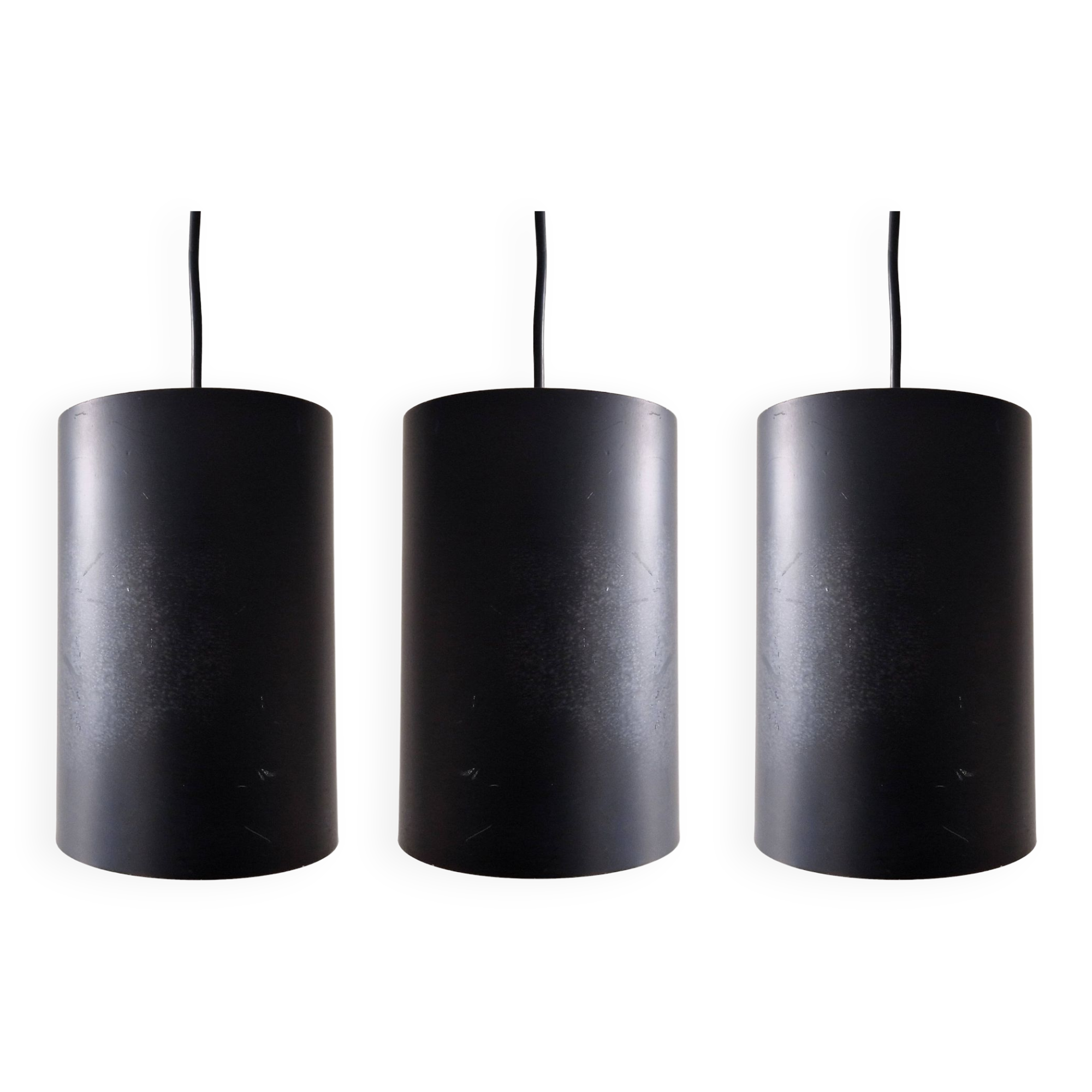 Set of 3 black cylinder pendant lamps, by Eila & John Meiling for Louis Poulsen, Denmark 1967