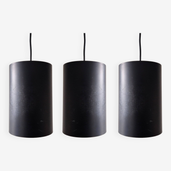 Set of 3 black cylinder pendant lamps, by Eila & John Meiling for Louis Poulsen, Denmark 1967