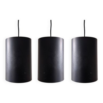 Set of 3 black cylinder pendant lamps, by Eila & John Meiling for Louis Poulsen, Denmark 1967