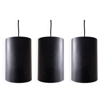 Set of 3 black cylinder pendant lamps, by Eila & John Meiling for Louis Poulsen, Denmark 1967
