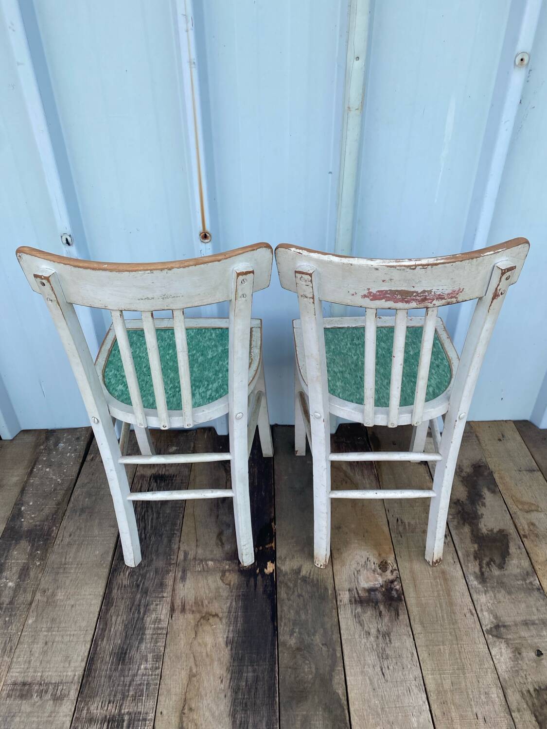 Pair of antique luterma bistro chairs in grey wood + green seat vintage