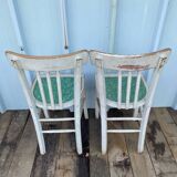 Pair of antique luterma bistro chairs in grey wood + green seat vintage
