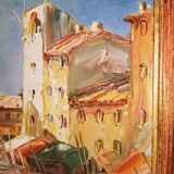Painting by L. Lutz depicting a tartan at the quayside in a Provençal port