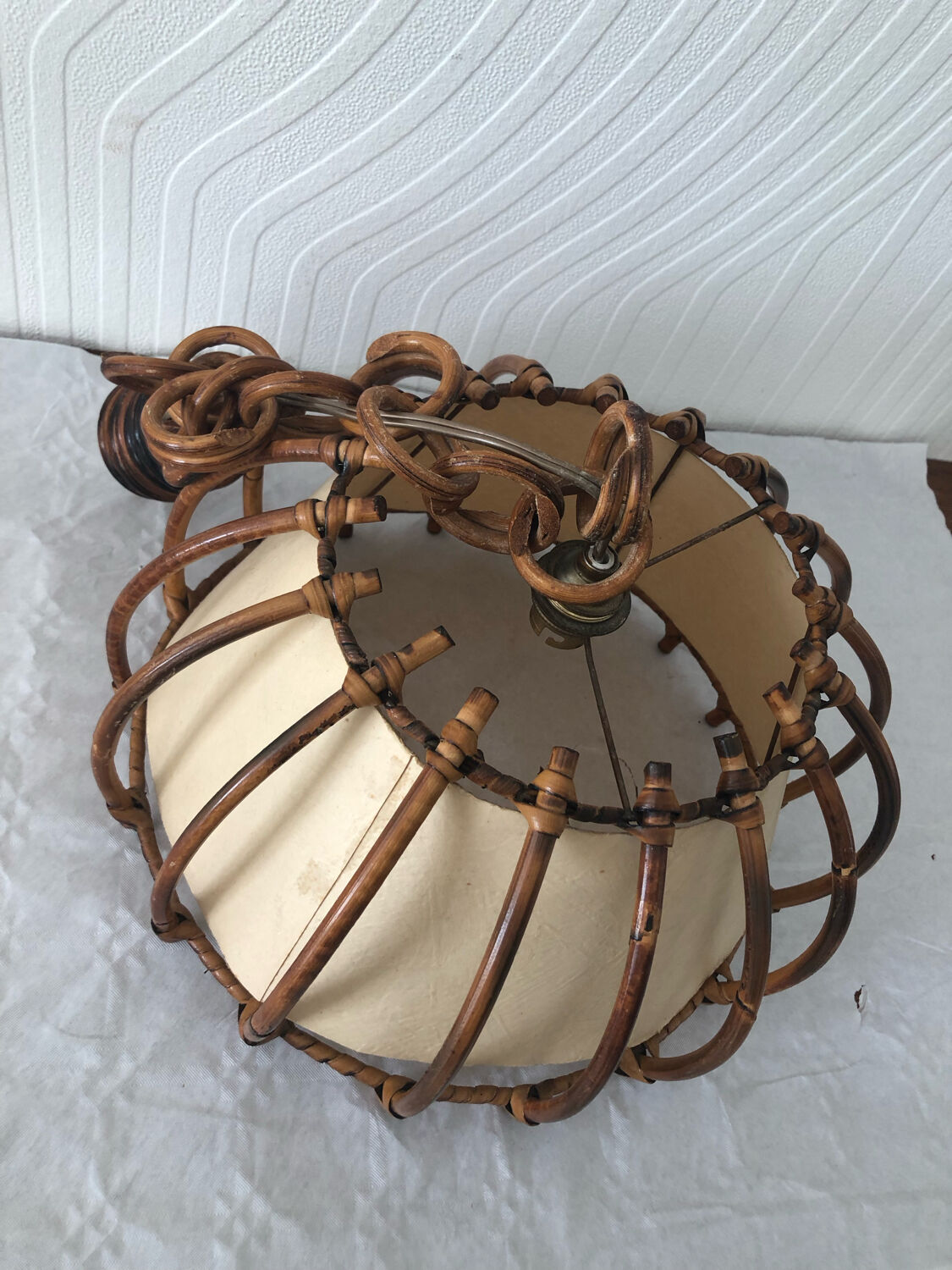 Vintage rattan pendant lamp with paper lampshade