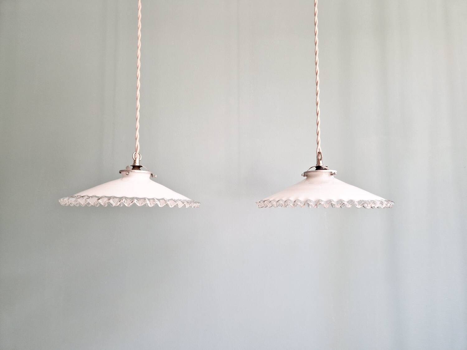 Pair of Art Deco pendant lights in scalloped white opaline, 1920-30