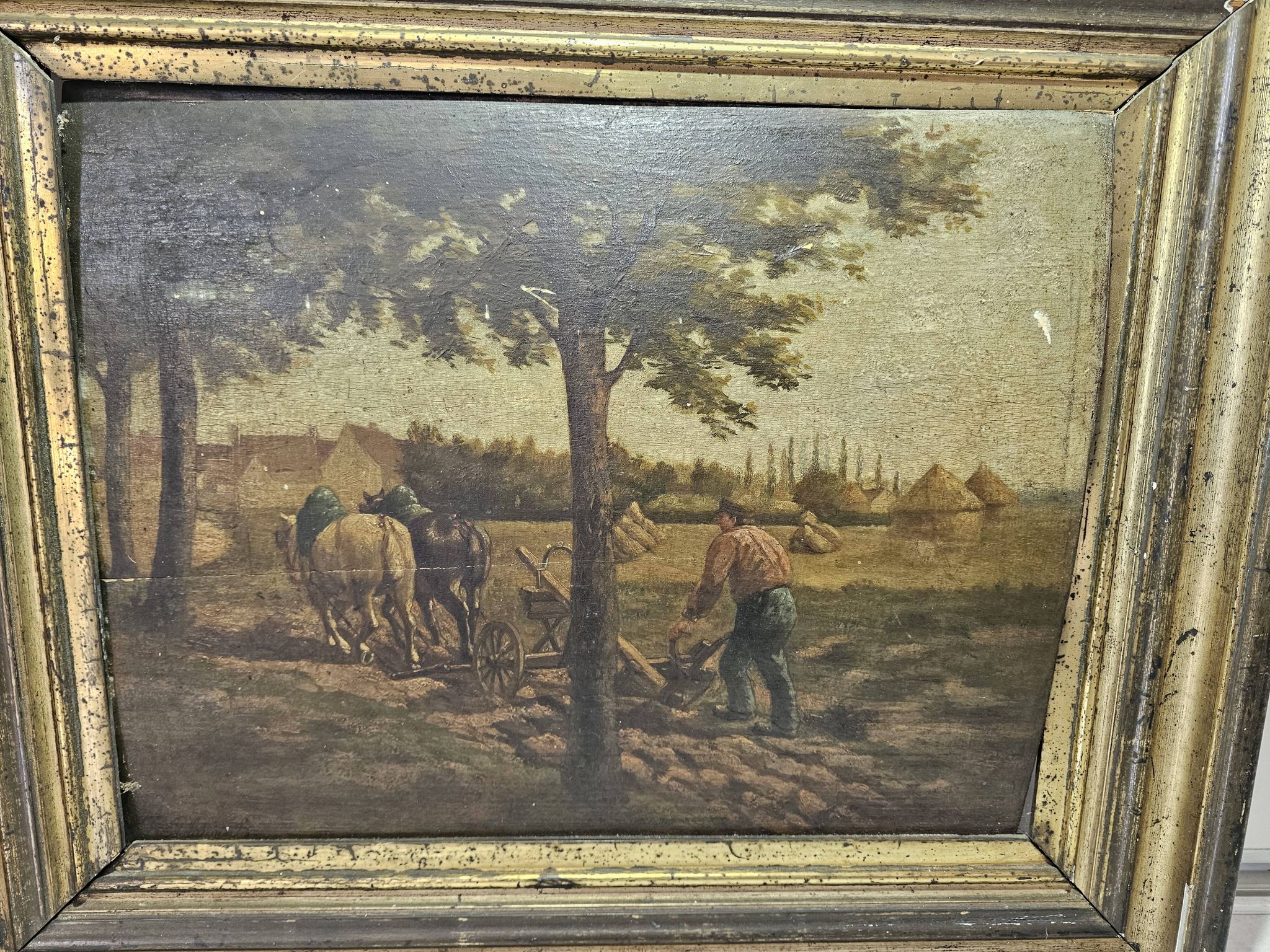 Tableau, huile panneau - Paysage champêtre, scène de labour, signé Plaisant, XIXème s.