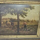 Oil painting panel - Countryside landscape Ploughing scene Signed Plaisant XI