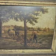 Tableau, huile panneau - Paysage champêtre, scène de labour, signé Plaisant, XIXème s.