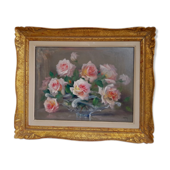 Table oil on canvas bouquet of roses by Paul Seston