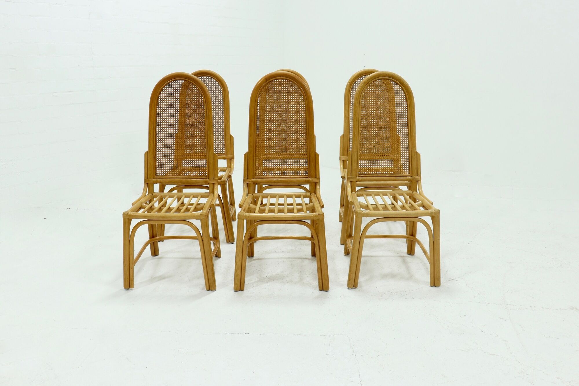 Set of 6 bamboo and webbing dining chairs 1970s