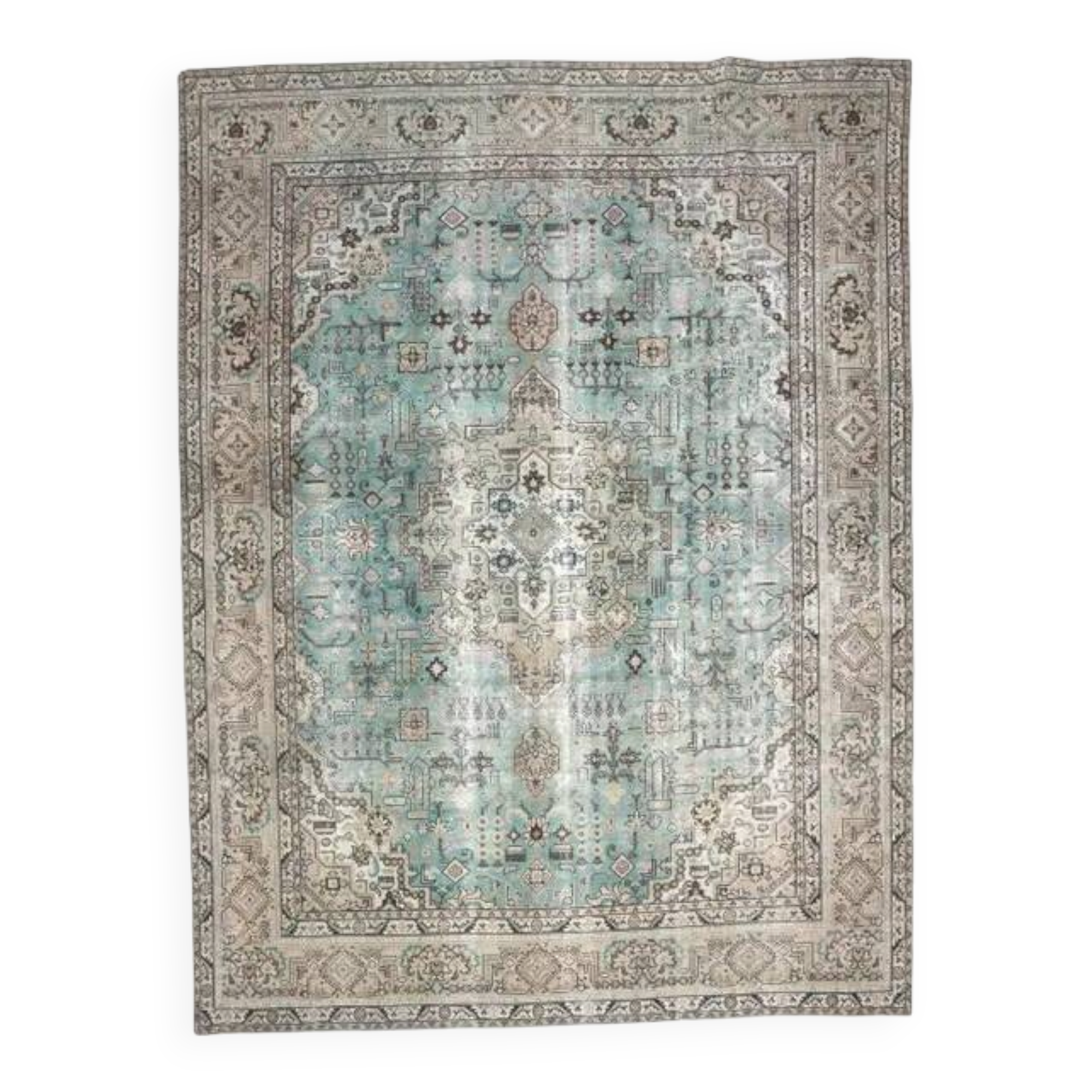 1970s Vintage Persian Handmade Wool Cotton Light Blue Area Rug 285x383