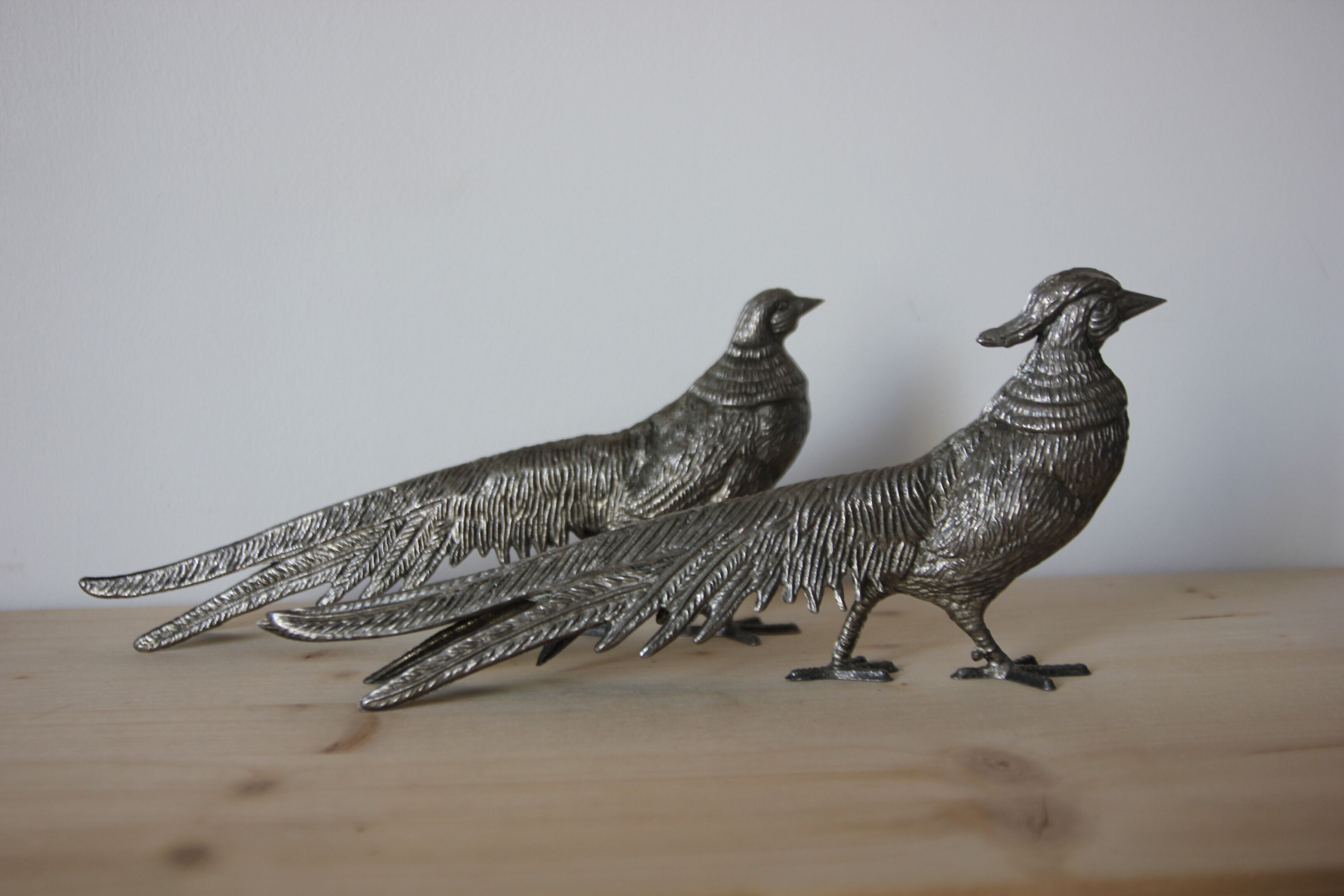 Pair of silver metal pheasants