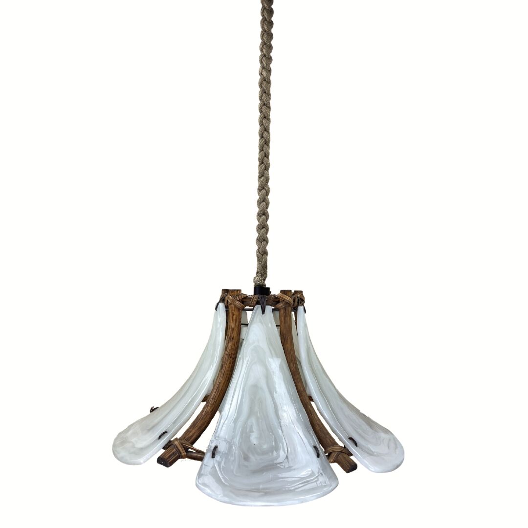 Bamboo acrylic and opaline hanging pendant, 1970,  58cm