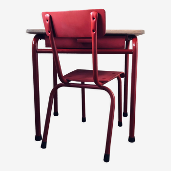 Wooden desk & school chair red tubular legs