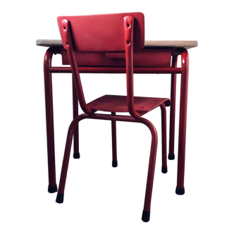 Pupitre & chaise d'écolier bois et pieds tubulaires rouges
