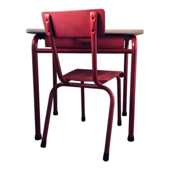 Wooden desk & school chair red tubular legs