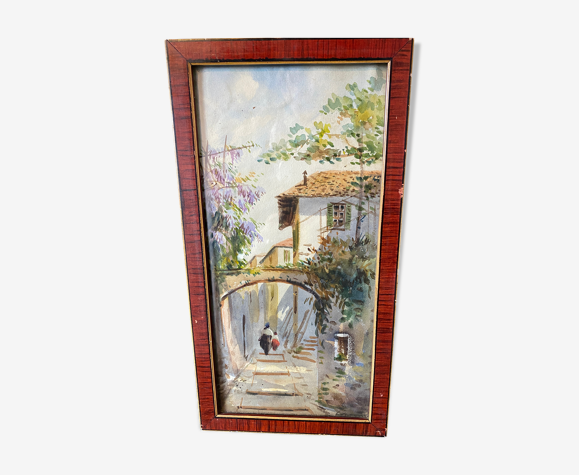 Aquarelle encadrée italienne "San Remo" ancienne