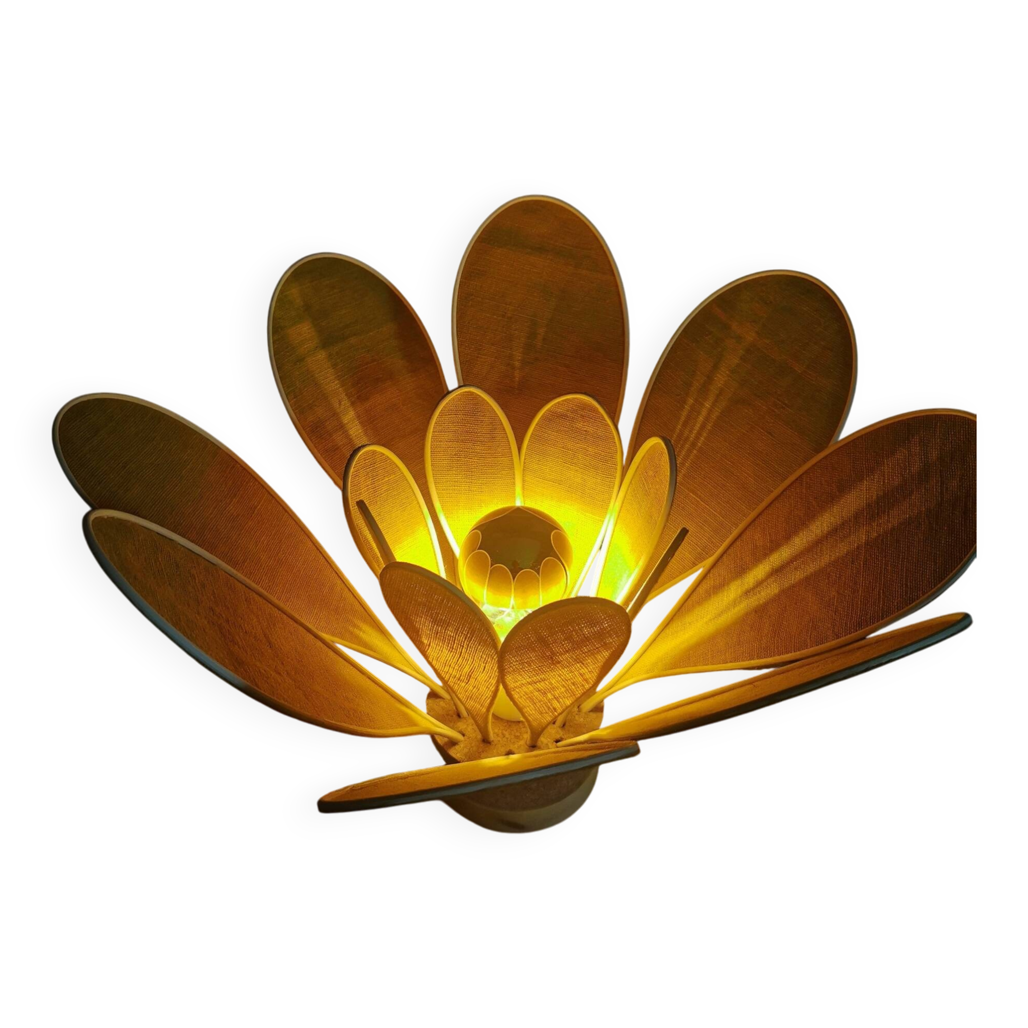 Flower table lamp made of rattan and saffron yellow linen petals