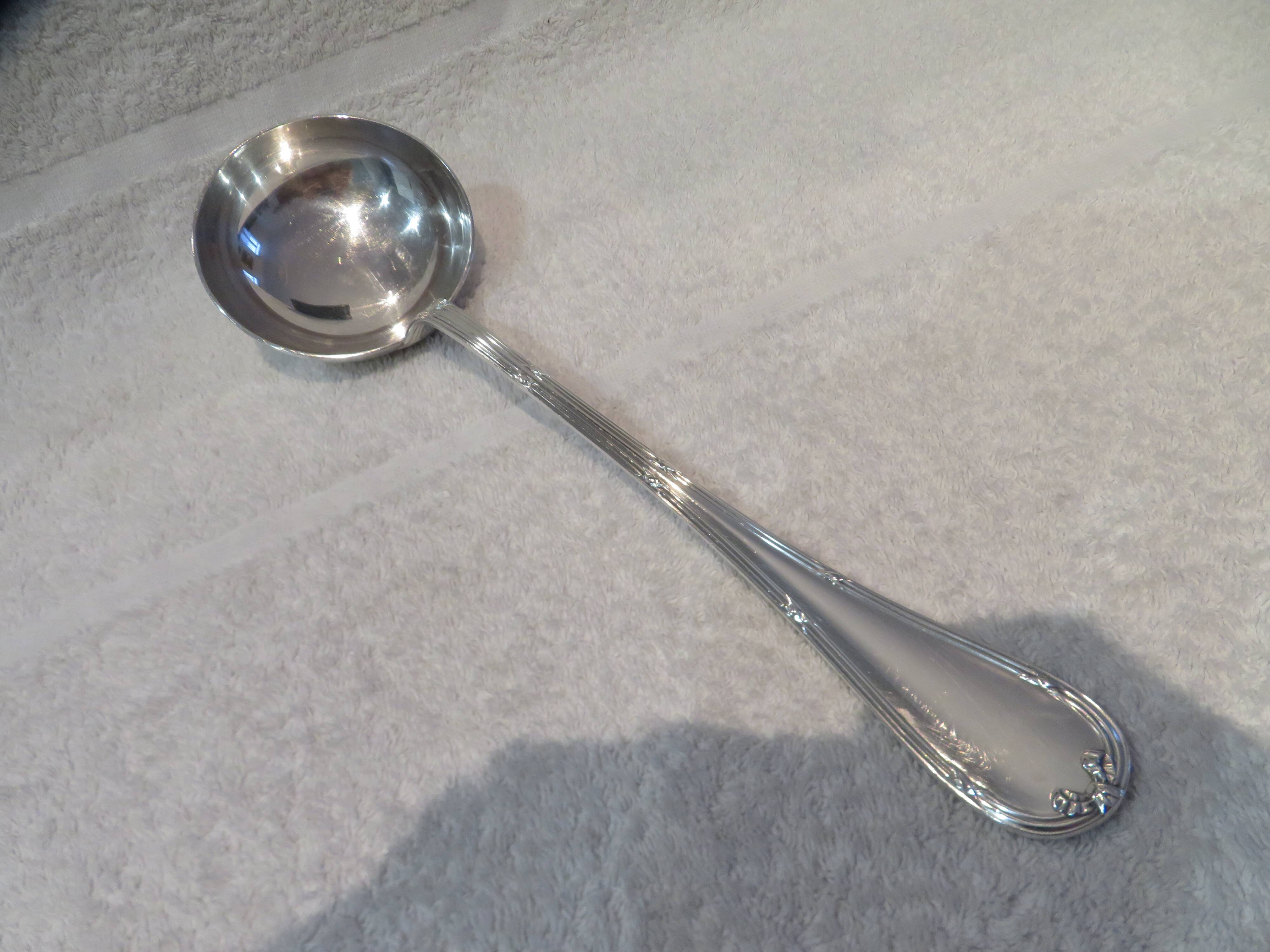 Christofle Rubans Louis XVI silver plated soup ladle, goldsmith, 32.8cm