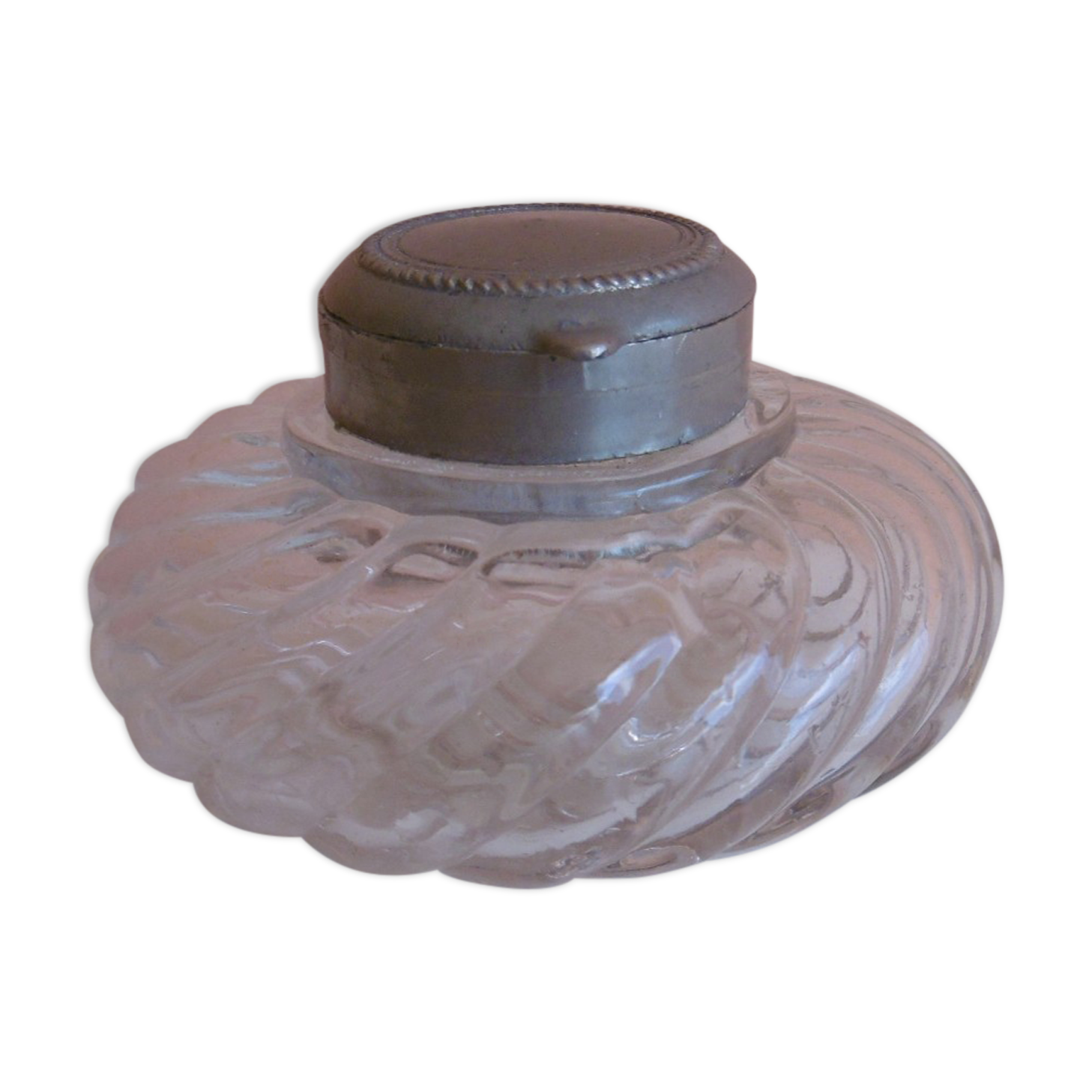 Old spiral glass inkwell with metal cabochon early XXth century