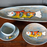 Stylized fish set 1960 Blue background Vallauris 1 course 12 plates