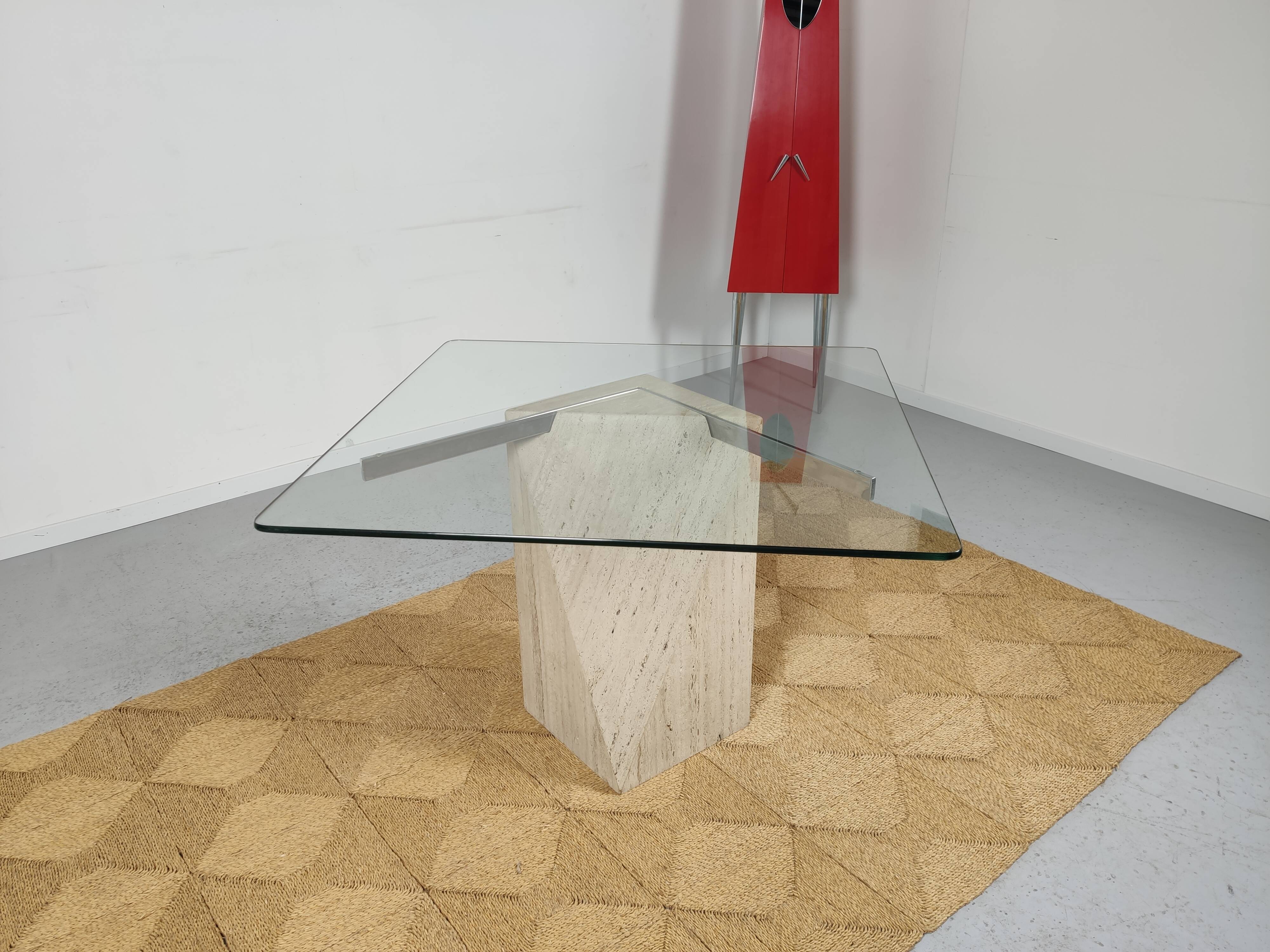 square dining table in travertine and glass , 80s