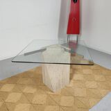 square dining table in travertine and glass , 80s