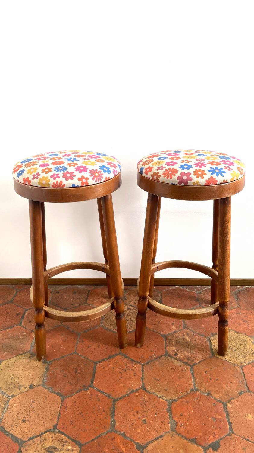 Pair of vintage wooden stools - vintage flower