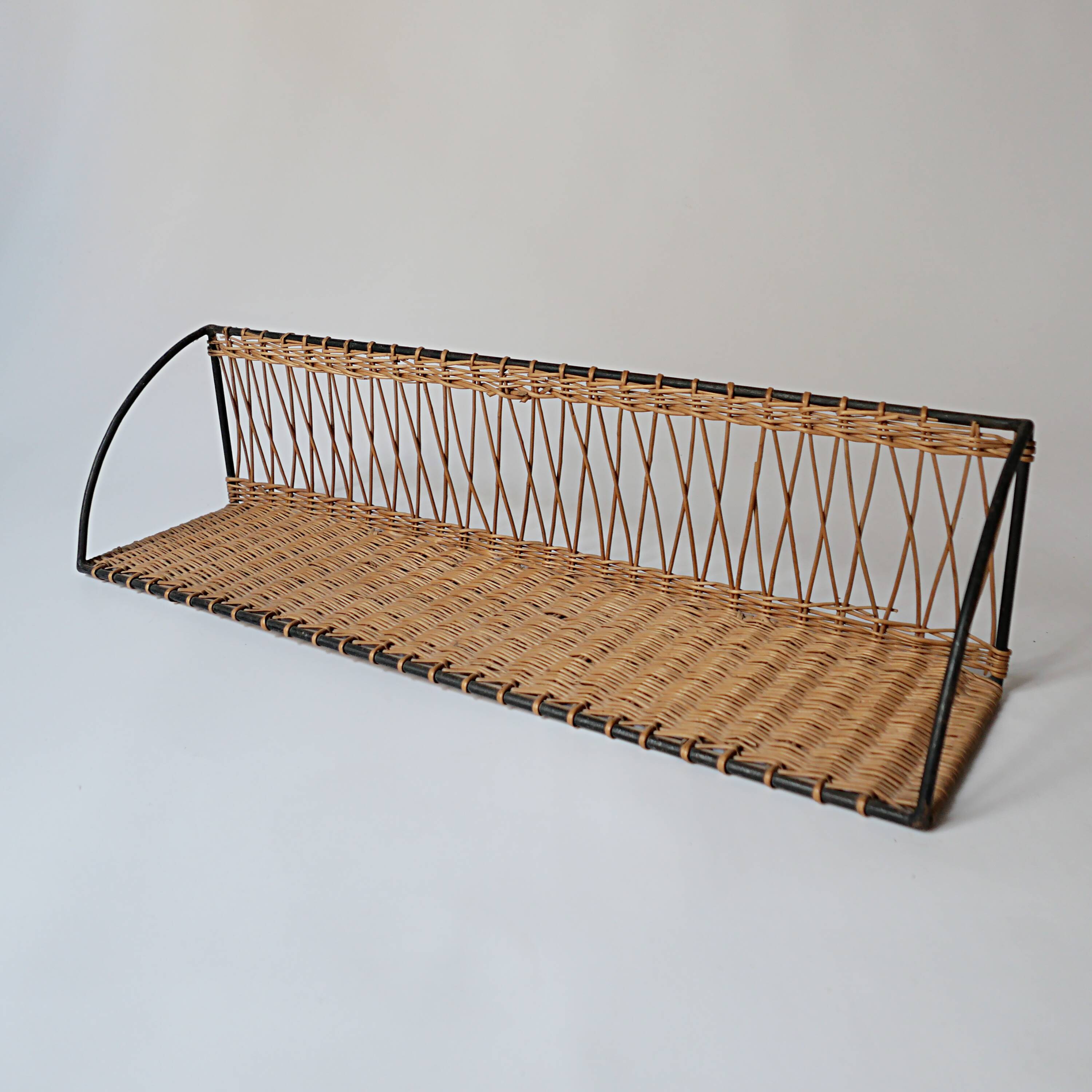 Vintage metal and wicker wall shelf, 1950s-1970s design, Mategot