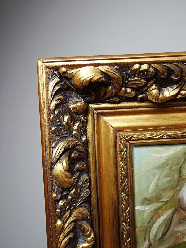 Nature morte ail, œuf et mortier signée Sarpe, 1979, huile sur toile