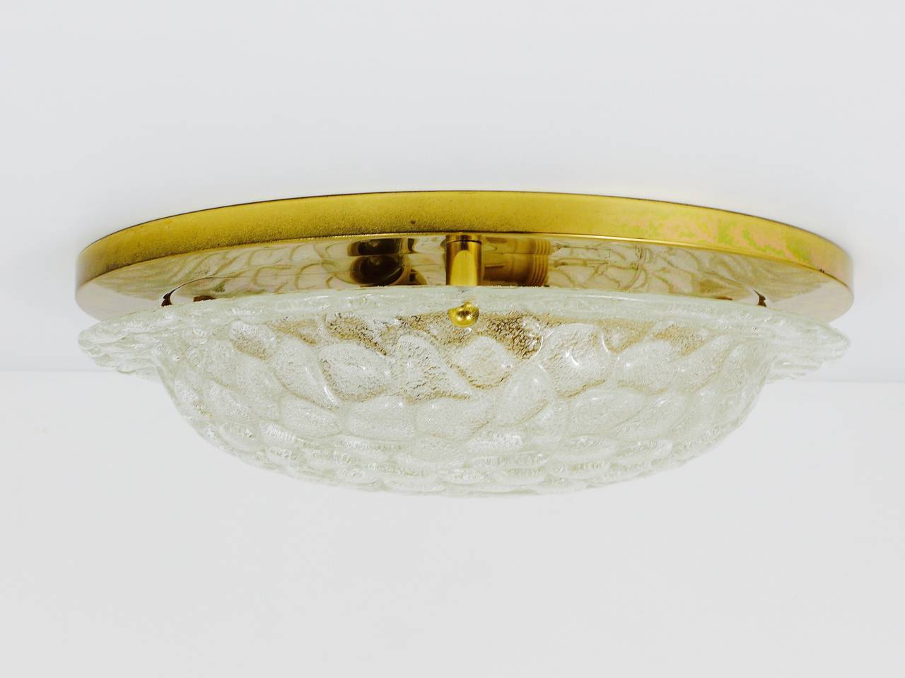 Large Hillebrand ceiling light in textured bubble glass and brass, Germany, 1970s.