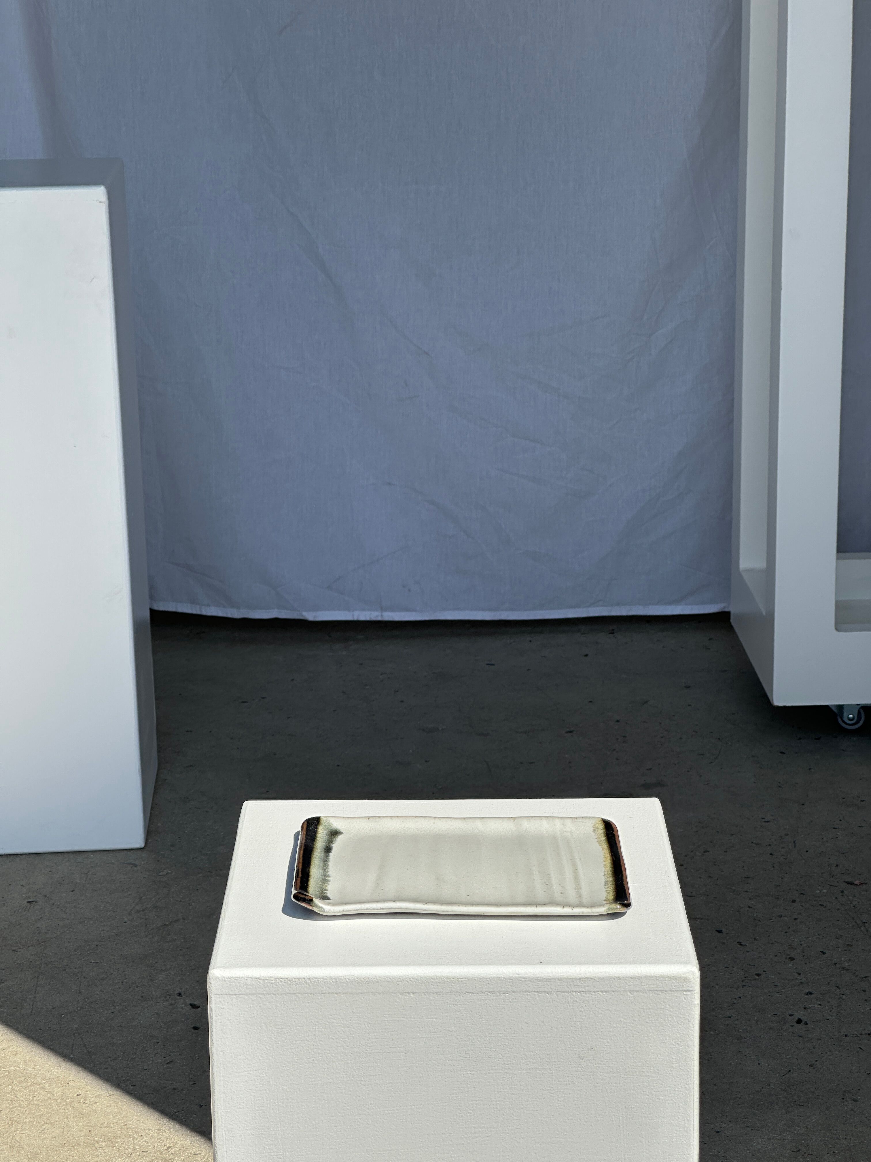 Trio of small rectangular serving dishes white and black Indonesian ceramic 21x16